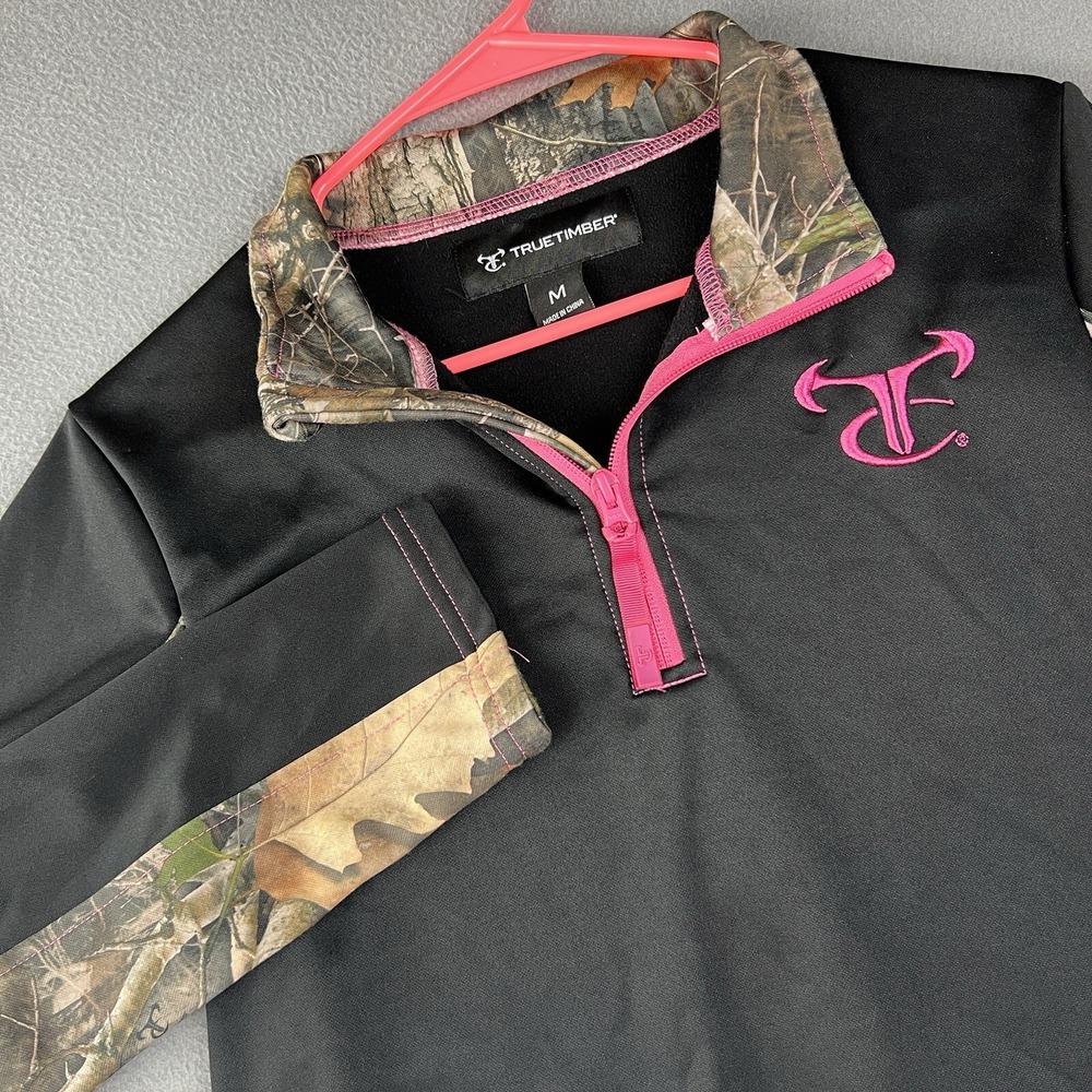 True Timber‎ 1/4 Zip Pullover Womens Medium Black Pink Logo Camouflage Trim